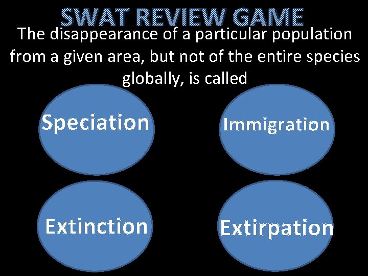 SWAT REVIEW GAME The disappearance of a particular population from a given area, but