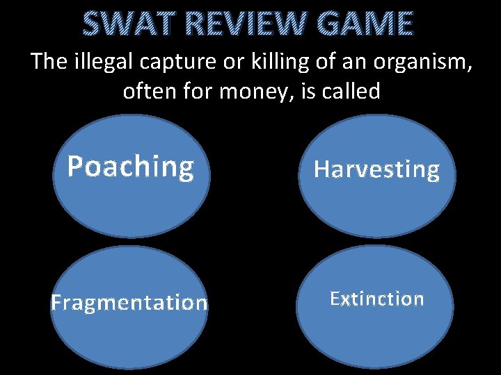 SWAT REVIEW GAME The illegal capture or killing of an organism, often for money, SWAT REVIEW GAME The illegal capture or killing of an organism, often for money,