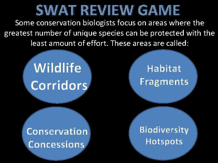 SWAT REVIEW GAME Some conservation biologists focus on areas where the greatest number of