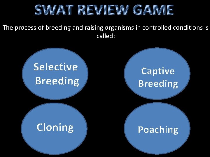 SWAT REVIEW GAME The process of breeding and raising organisms in controlled conditions is SWAT REVIEW GAME The process of breeding and raising organisms in controlled conditions is