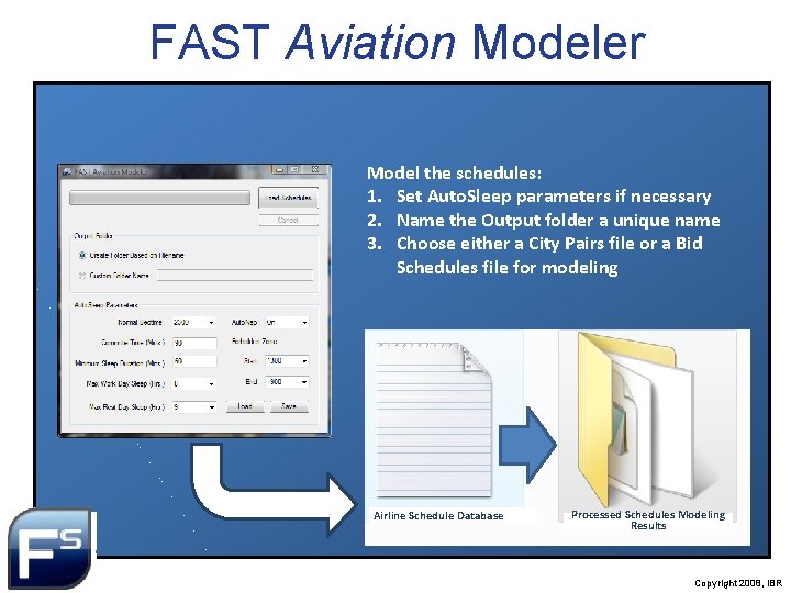 FAST Aviation Modeler Model the schedules: 1. Set Auto. Sleep parameters if necessary 2.