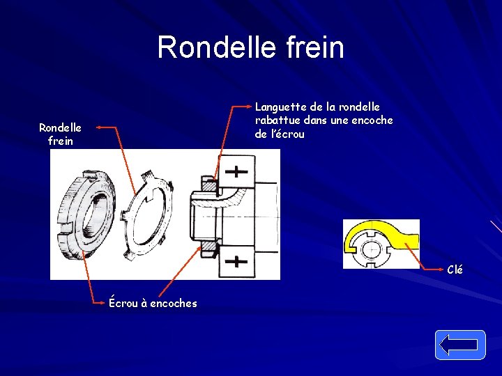 Rondelle frein Languette de la rondelle rabattue dans une encoche de l’écrou Rondelle frein