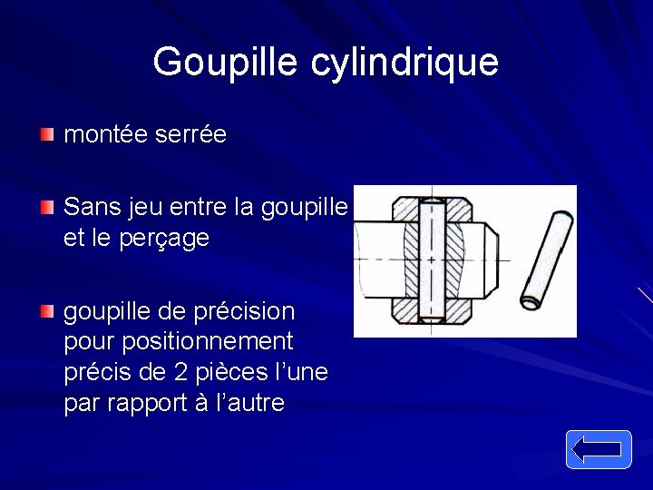 Goupille cylindrique montée serrée Sans jeu entre la goupille et le perçage goupille de