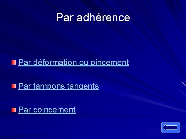 Par adhérence Par déformation ou pincement Par tampons tangents Par coincement 