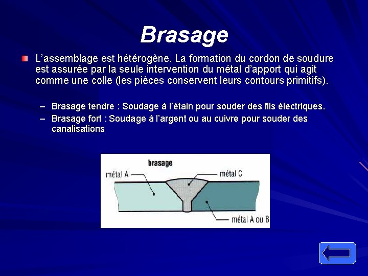 Brasage L’assemblage est hétérogène. La formation du cordon de soudure est assurée par la