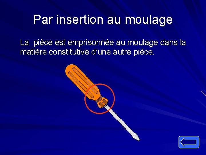 Par insertion au moulage La pièce est emprisonnée au moulage dans la matière constitutive
