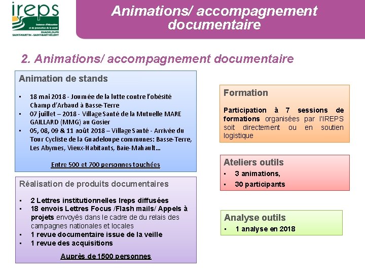 Animations/ accompagnement documentaire 2. Animations/ accompagnement documentaire Animation de stands • • • 18