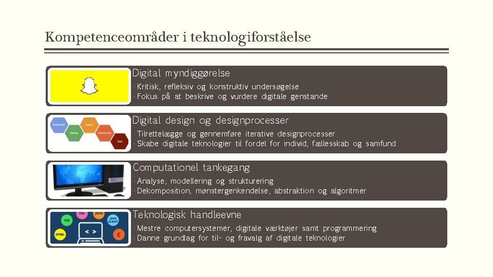 Kompetenceområder i teknologiforståelse Digital myndiggørelse • Kritisk, refleksiv og konstruktiv undersøgelse • Fokus på