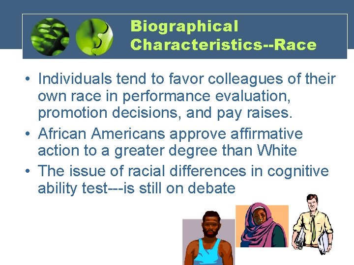 Biographical Characteristics--Race • Individuals tend to favor colleagues of their own race in performance