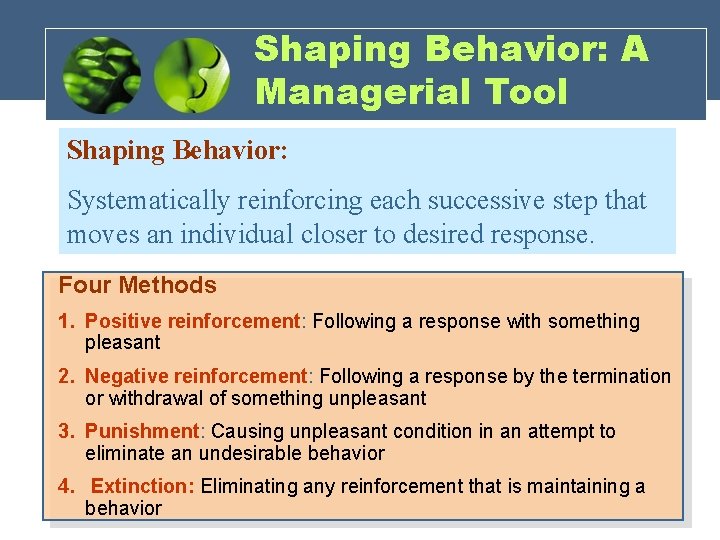 Shaping Behavior: A Managerial Tool Shaping Behavior: Systematically reinforcing each successive step that moves