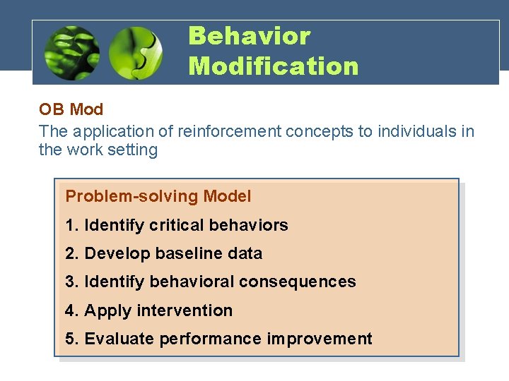 Behavior Modification OB Mod The application of reinforcement concepts to individuals in the work