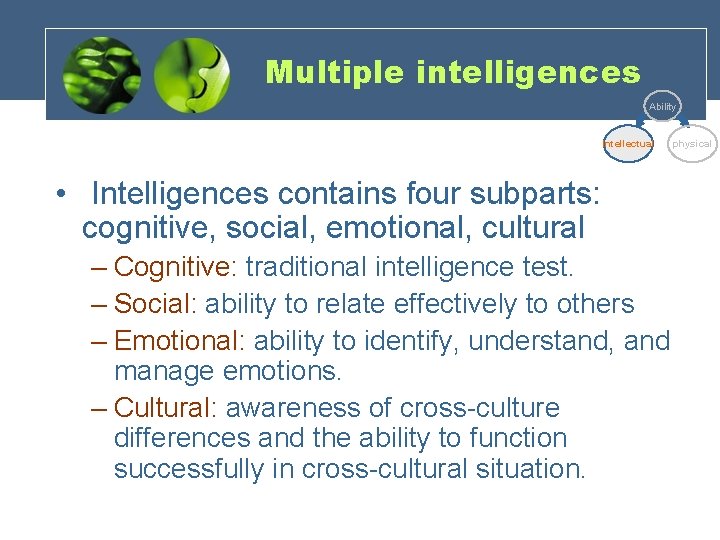 Multiple intelligences Ability Intellectual • Intelligences contains four subparts: cognitive, social, emotional, cultural –