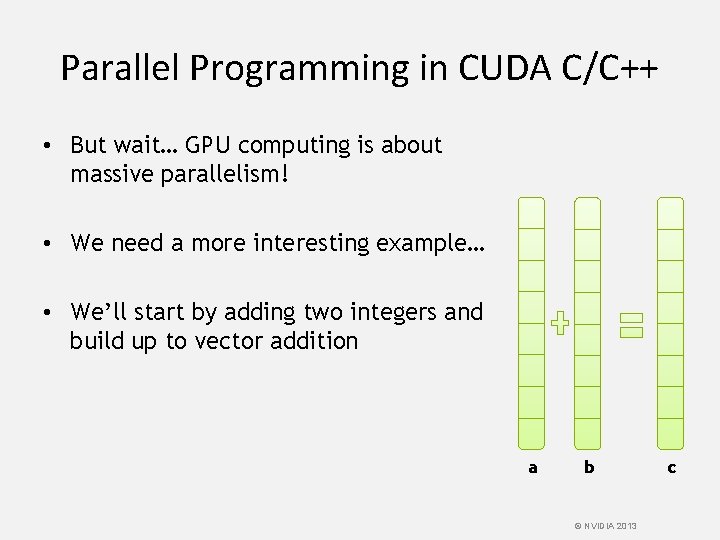 Parallel Programming in CUDA C/C++ • But wait… GPU computing is about massive parallelism!