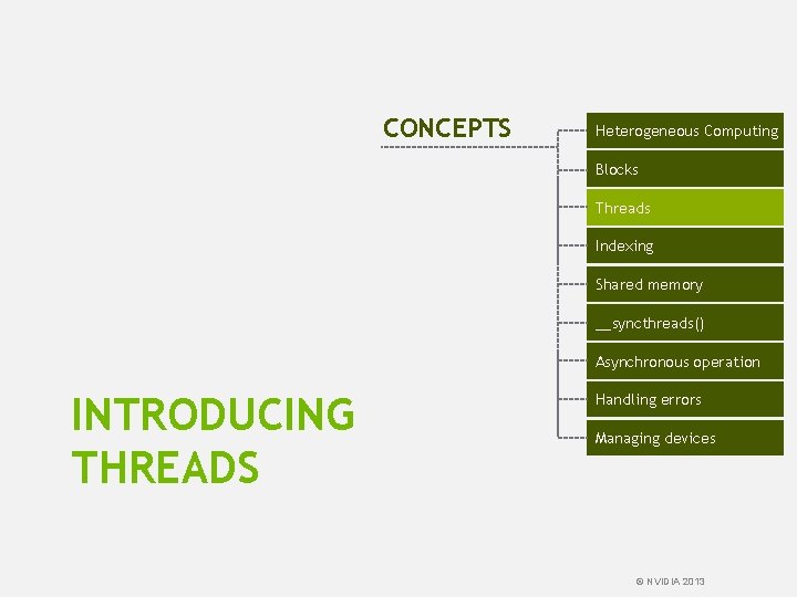 CONCEPTS Heterogeneous Computing Blocks Threads Indexing Shared memory __syncthreads() Asynchronous operation INTRODUCING THREADS Handling