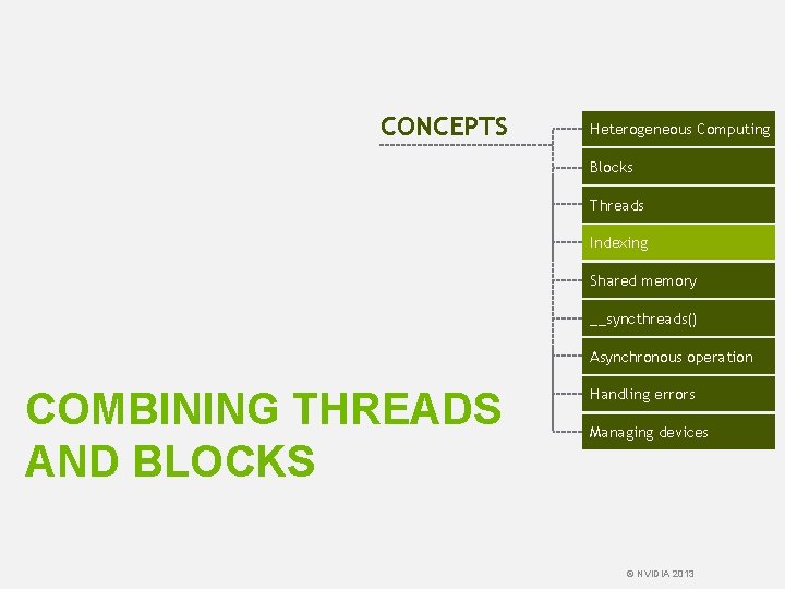 CONCEPTS Heterogeneous Computing Blocks Threads Indexing Shared memory __syncthreads() Asynchronous operation COMBINING THREADS AND