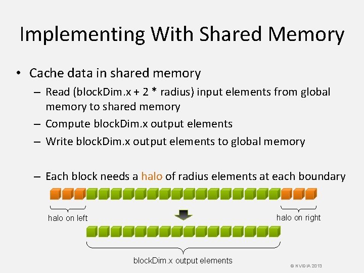 Implementing With Shared Memory • Cache data in shared memory – Read (block. Dim.