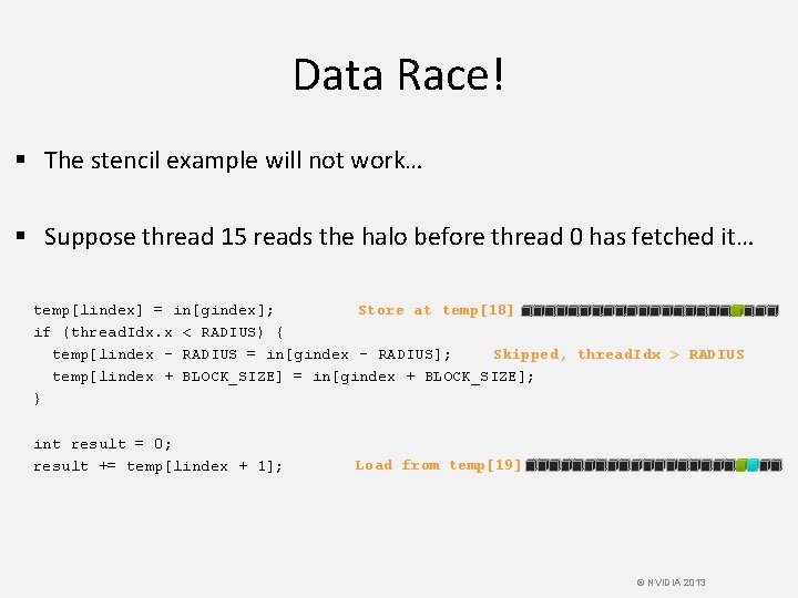 Data Race! § The stencil example will not work… § Suppose thread 15 reads