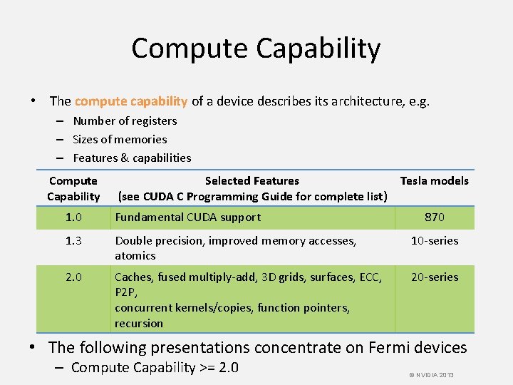 Compute Capability • The compute capability of a device describes its architecture, e. g.