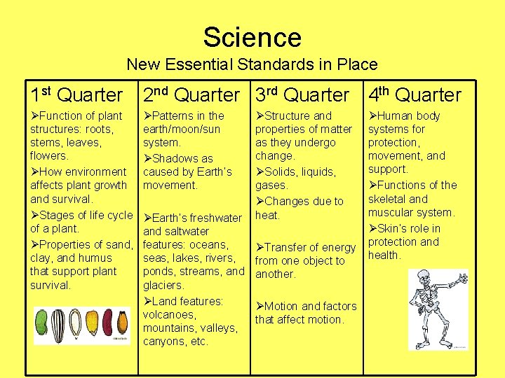 Science New Essential Standards in Place 1 st Quarter 2 nd Quarter 3 rd