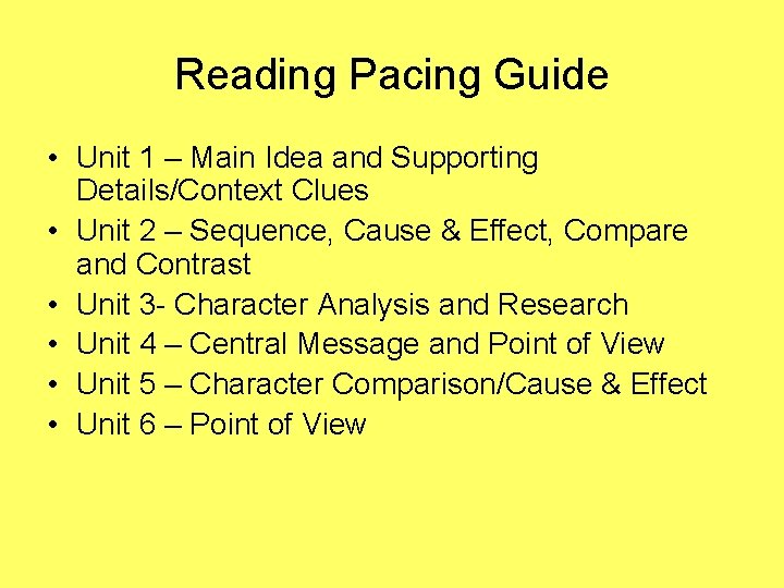 Reading Pacing Guide • Unit 1 – Main Idea and Supporting Details/Context Clues •