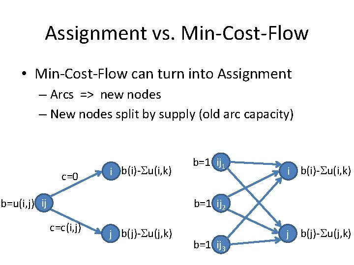 Assignment vs. Min-Cost-Flow • Min-Cost-Flow can turn into Assignment – Arcs => new nodes Assignment vs. Min-Cost-Flow • Min-Cost-Flow can turn into Assignment – Arcs => new nodes