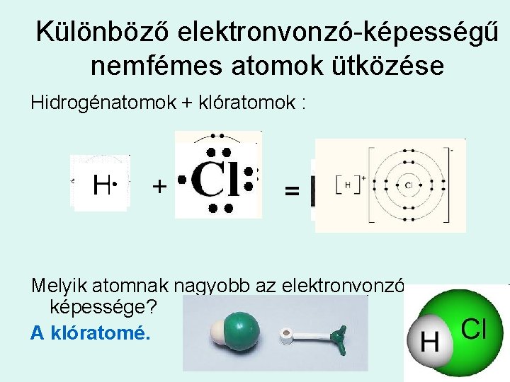 Különböző elektronvonzó-képességű nemfémes atomok ütközése Hidrogénatomok + klóratomok : + = Melyik atomnak nagyobb