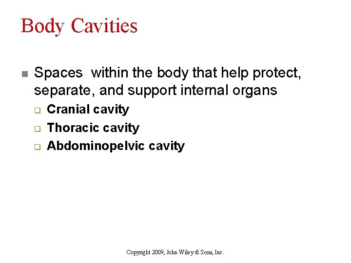 Body Cavities n Spaces within the body that help protect, separate, and support internal