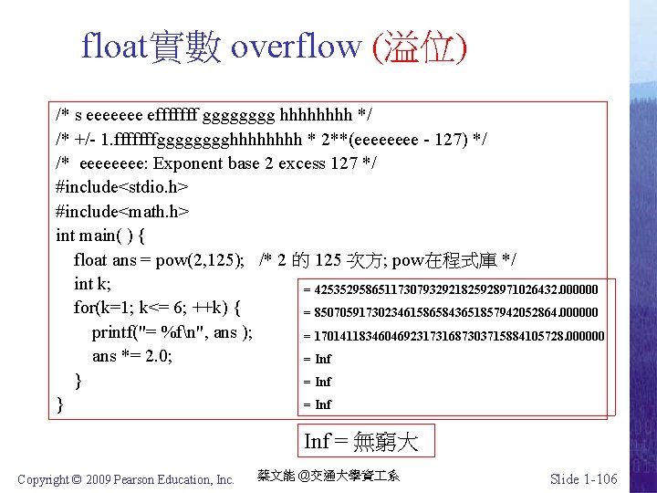 float實數 overflow (溢位) /* s eeeeeee efffffff gggg hhhh */ /* +/- 1. fffffffgggghhhh