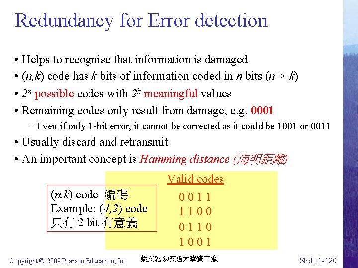 Redundancy for Error detection • Helps to recognise that information is damaged • (n,