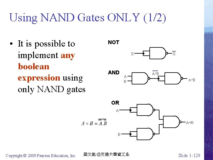 Using NAND Gates ONLY (1/2) • It is possible to implement any boolean expression