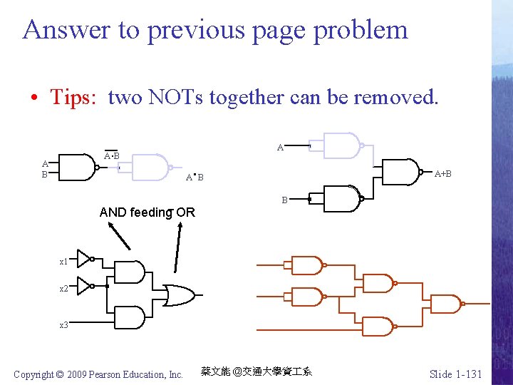 Answer to previous page problem • Tips: two NOTs together can be removed. A