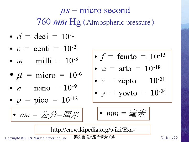 µs = micro second 760 mm Hg (Atmospheric pressure) • d = deci =