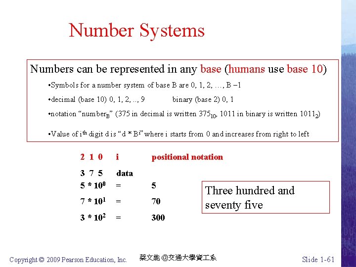Number Systems Numbers can be represented in any base (humans use base 10) •