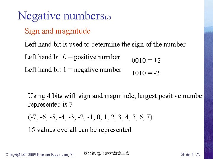 Negative numbers 1/5 Sign and magnitude Left hand bit is used to determine the