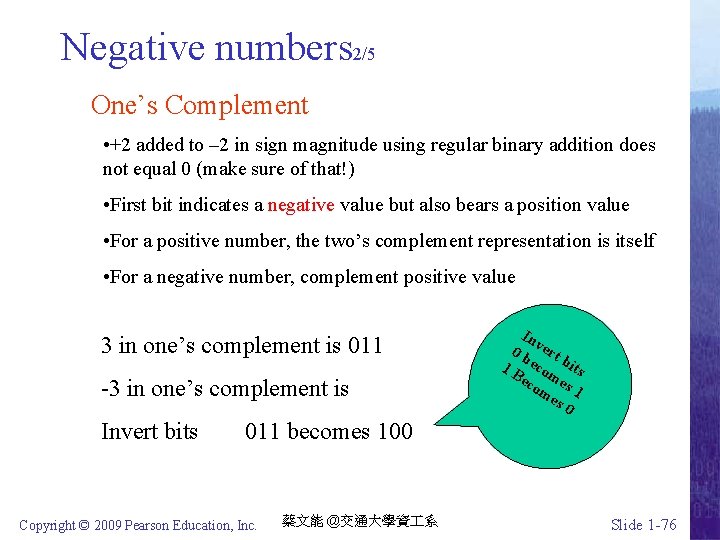 Negative numbers 2/5 One’s Complement • +2 added to – 2 in sign magnitude