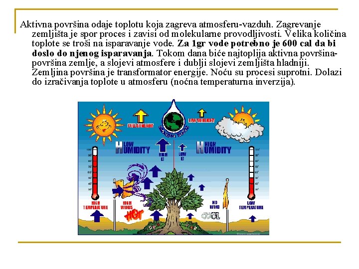 Aktivna površina odaje toplotu koja zagreva atmosferu-vazduh. Zagrevanje zemljišta je spor proces i zavisi