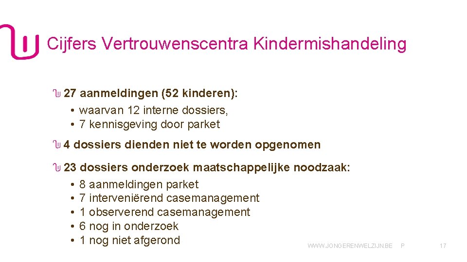 Cijfers Vertrouwenscentra Kindermishandeling 27 aanmeldingen (52 kinderen): • waarvan 12 interne dossiers, • 7