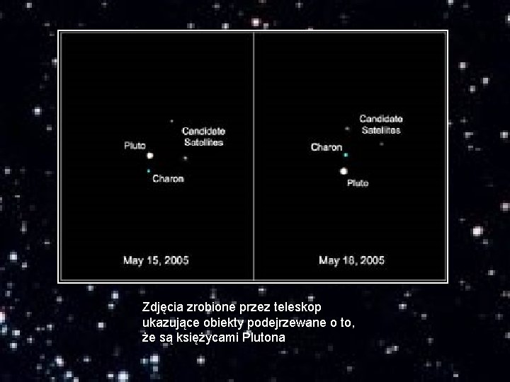 Zdjęcia zrobione przez teleskop ukazujące obiekty podejrzewane o to, że są księżycami Plutona 