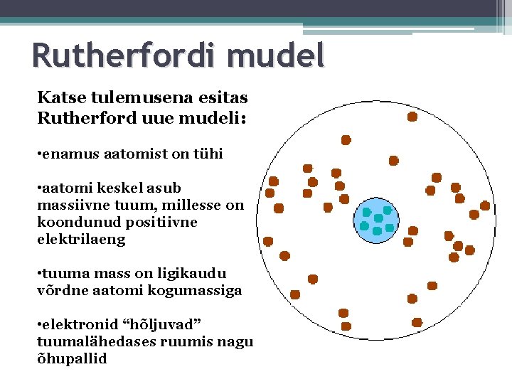 Rutherfordi mudel Katse tulemusena esitas Rutherford uue mudeli: • enamus aatomist on tühi •