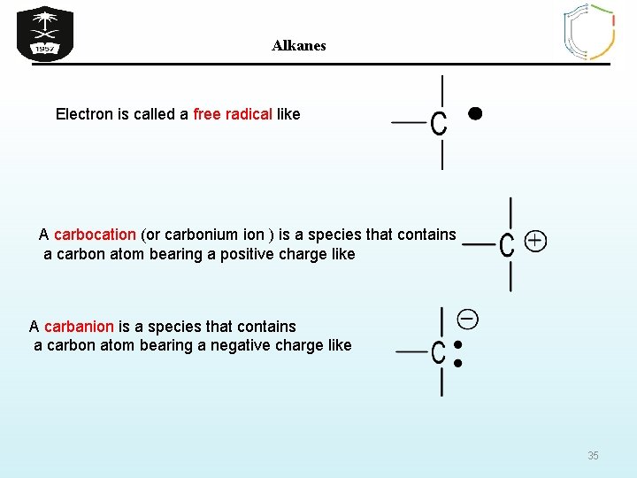 Alkanes Electron is called a free radical like A carbocation (or carbonium ion )