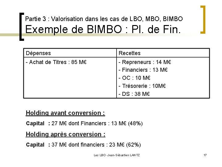 Partie 3 : Valorisation dans les cas de LBO, MBO, BIMBO Exemple de BIMBO