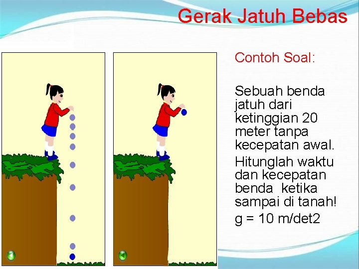 Gerak Jatuh Bebas Contoh Soal: Sebuah benda jatuh dari ketinggian 20 meter tanpa kecepatan