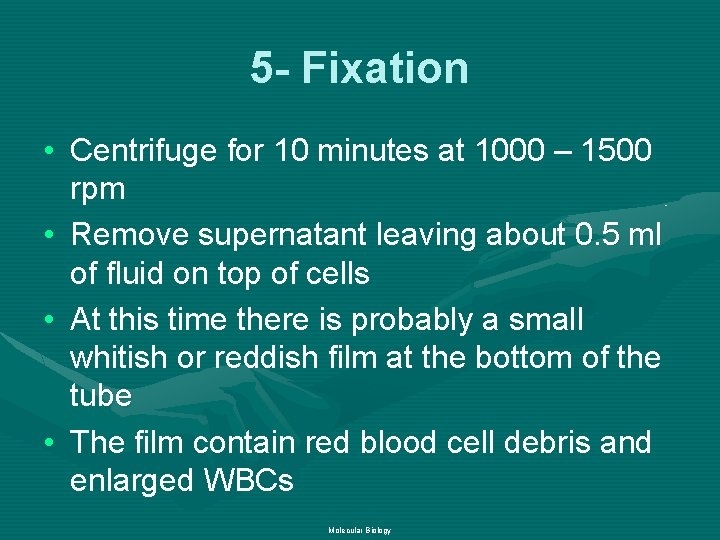 5 - Fixation • Centrifuge for 10 minutes at 1000 – 1500 rpm •