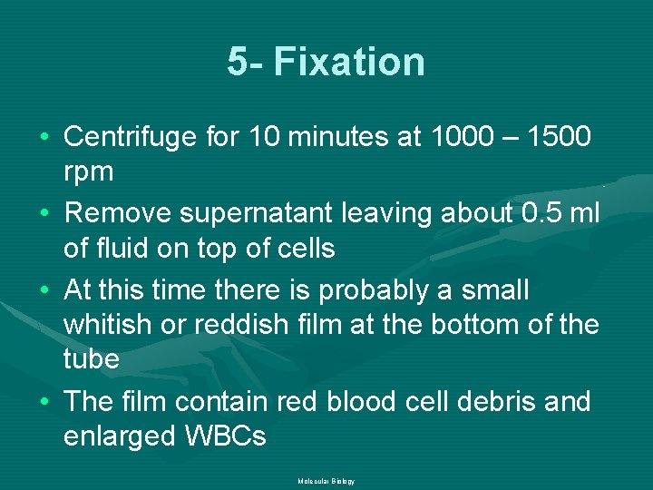 5 - Fixation • Centrifuge for 10 minutes at 1000 – 1500 rpm •