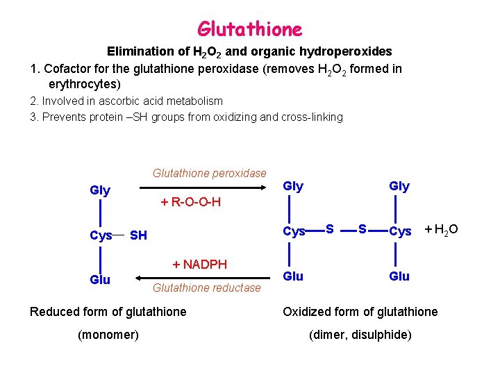 Glutathione Elimination of H 2 O 2 and organic hydroperoxides 1. Cofactor for the