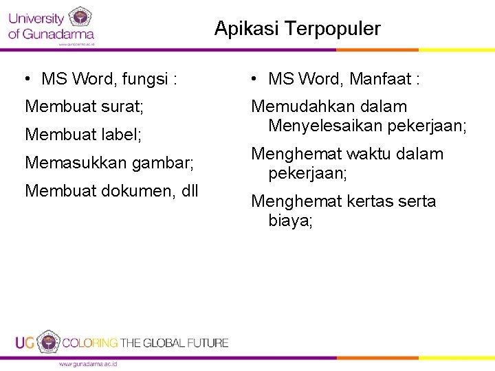 Apikasi Terpopuler • MS Word, fungsi : • MS Word, Manfaat : Membuat surat;