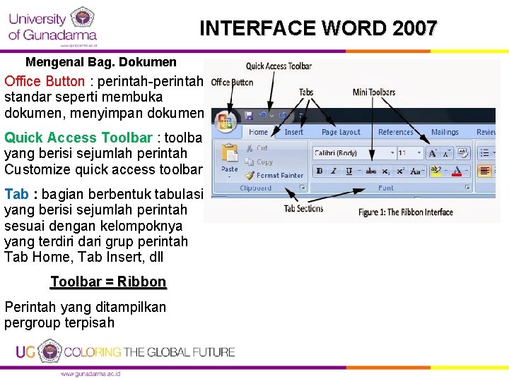 INTERFACE WORD 2007 Mengenal Bag. Dokumen Office Button : perintah-perintah standar seperti membuka dokumen,