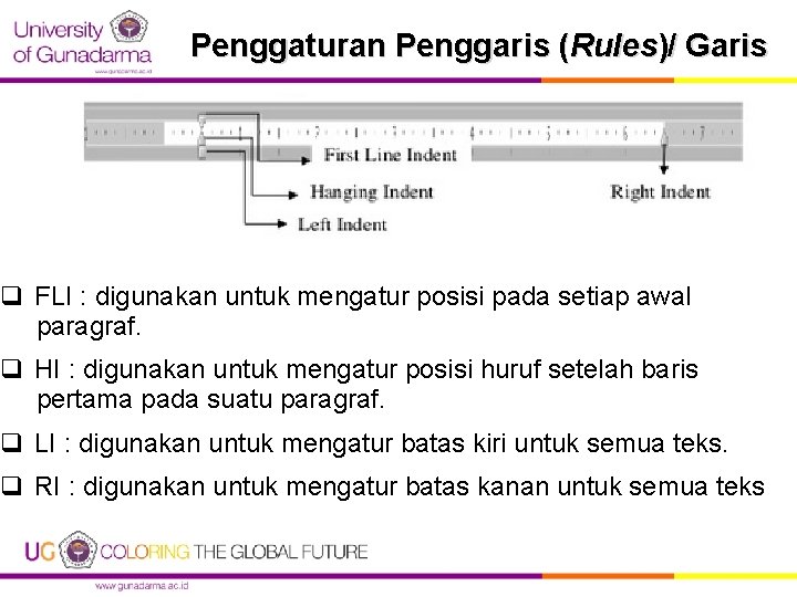 Penggaturan Penggaris (Rules)/ Garis q FLI : digunakan untuk mengatur posisi pada setiap awal