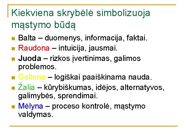 Kiekviena skrybėlė simbolizuoja mąstymo būdą n n n Balta – duomenys, informacija, faktai. Raudona Kiekviena skrybėlė simbolizuoja mąstymo būdą n n n Balta – duomenys, informacija, faktai. Raudona