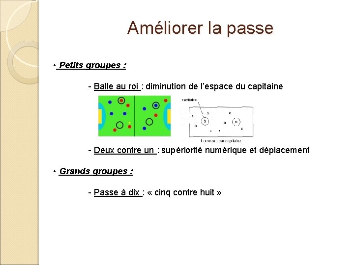 Améliorer la passe • Petits groupes : - Balle au roi : diminution de